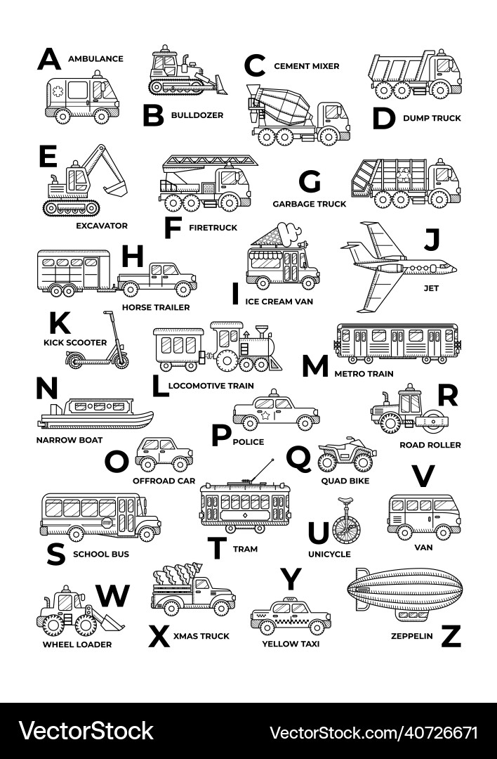 Abc car black and white outline english alphabet Abc car black and white outline english alphabet vector image