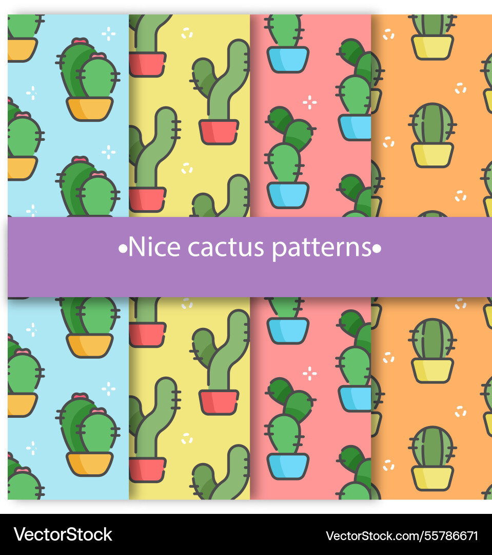 Pack of cactus patterns in linear style Vector Image
