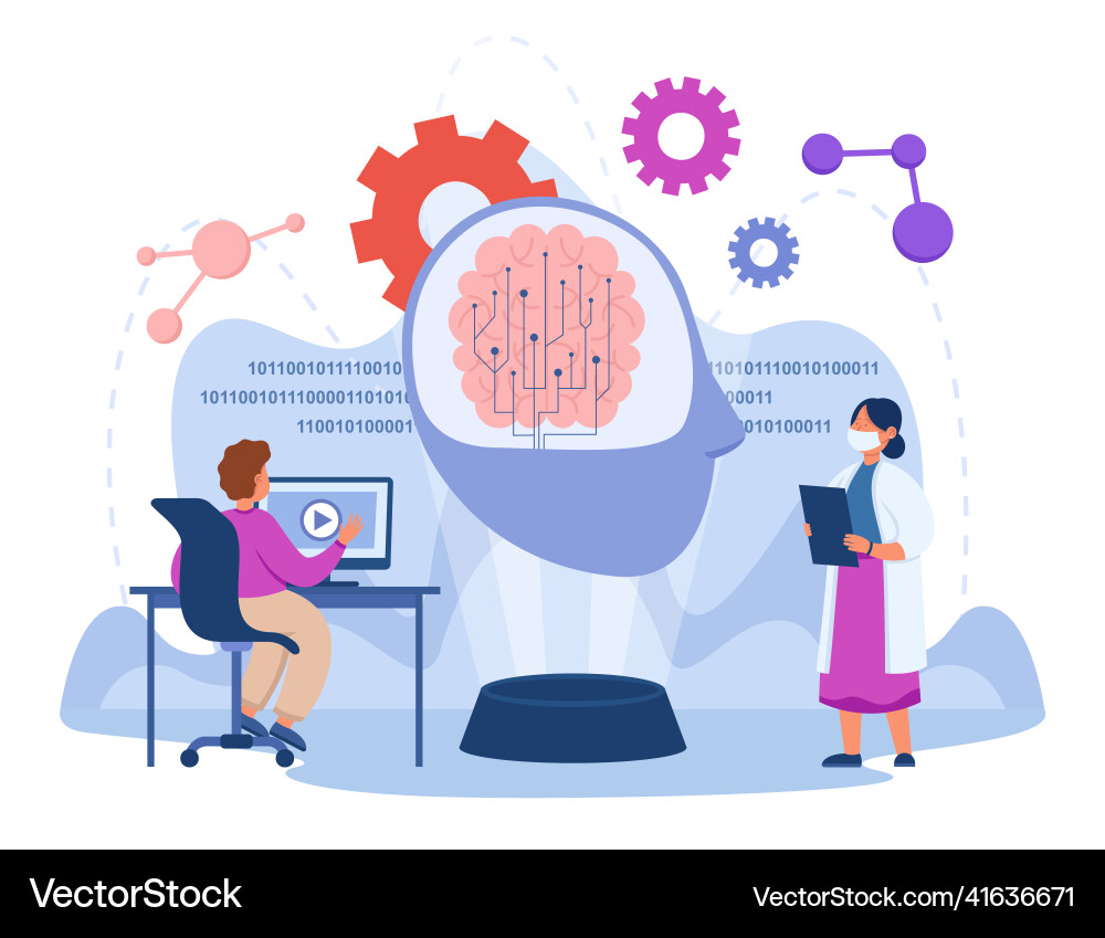 Tiny scientists developing ai using machine Vector Image