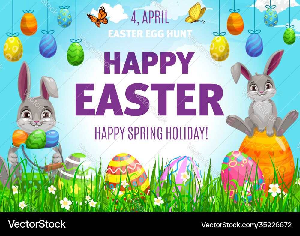 Cute Easter Bunny Poster with Eggs Royalty Free Vector Image