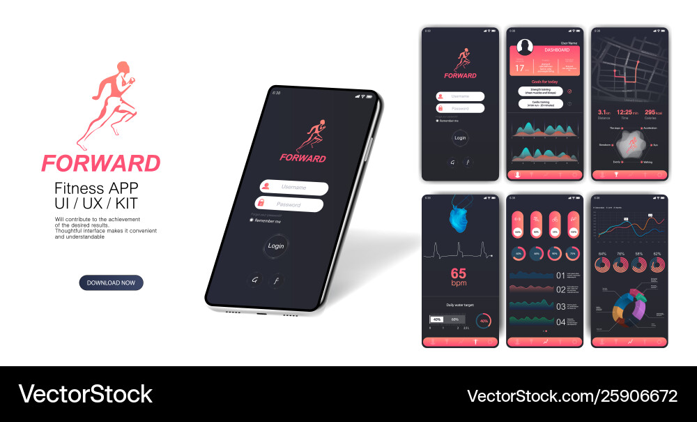 Fitness app with multiple screens ui ux kit vector image