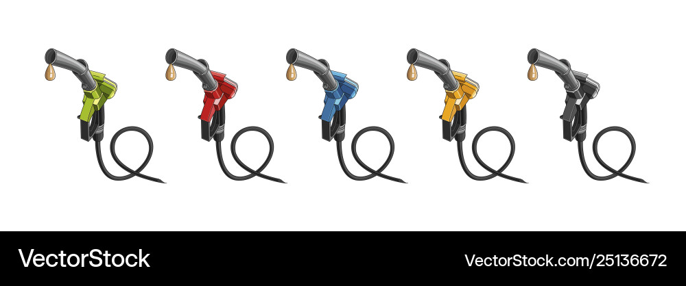Fuelling nozzles in different colours with drop Fuelling nozzles in different colours with drop vector image
