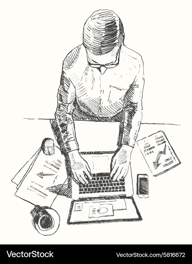 Hands with Computer - Office Sketch vector image