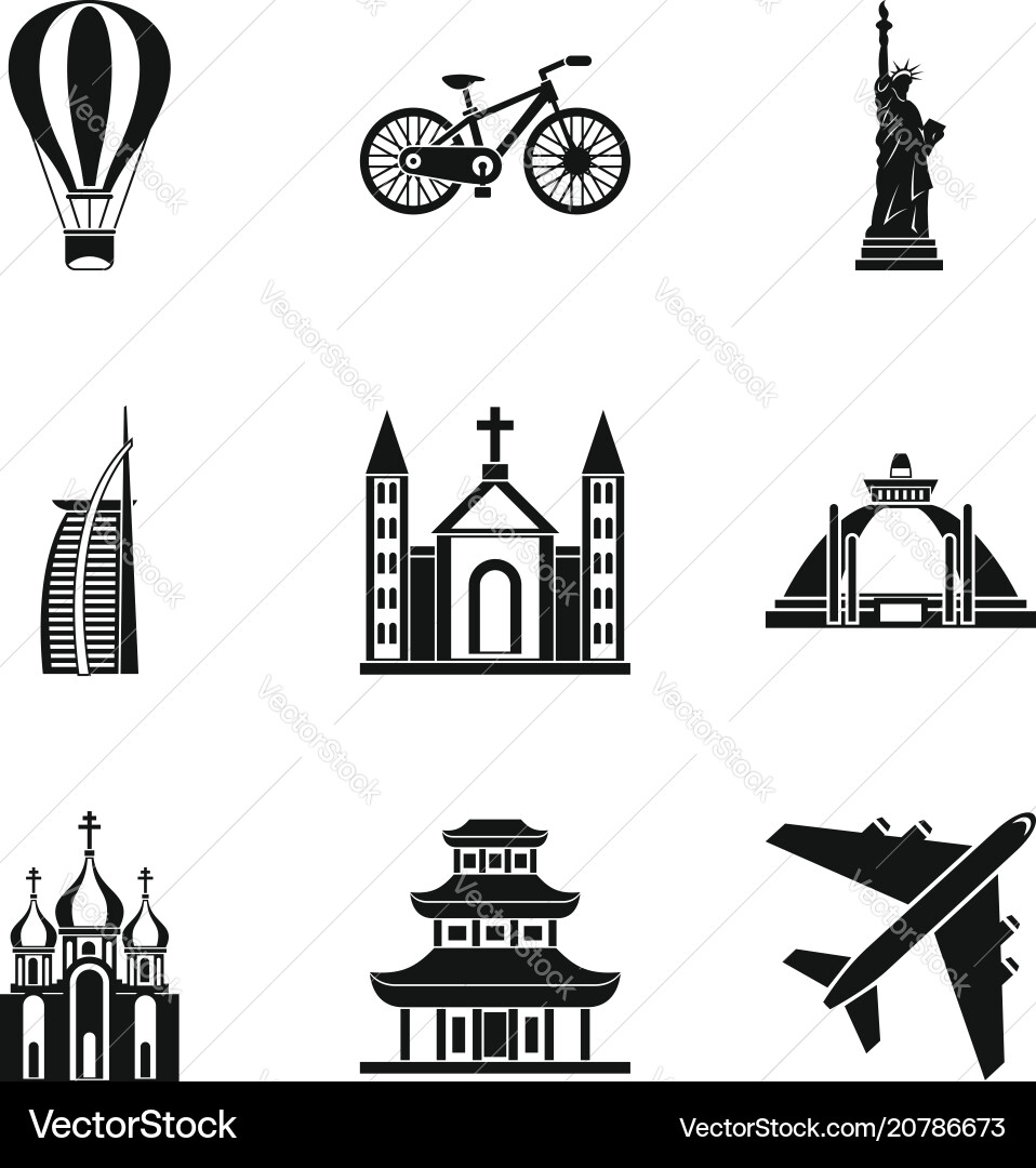 Movement around the world icons set simple style Movement around the world icons set simple style Vector Image
