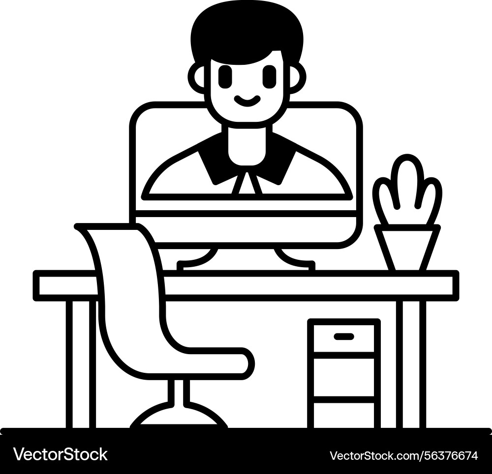 Man is sitting at a desk with computer monitor Man is sitting at a desk with computer monitor Vector Image