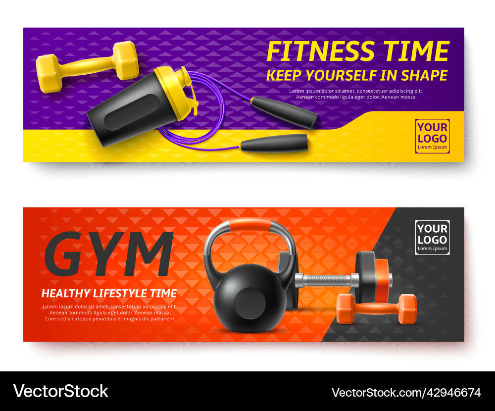 Realistic gym fitness banners sport equipment Realistic gym fitness banners sport equipment vector image