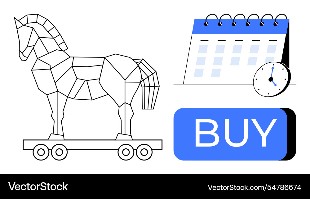 Trojan horse on wheels blue calendar with clock Trojan horse on wheels blue calendar with clock vector image