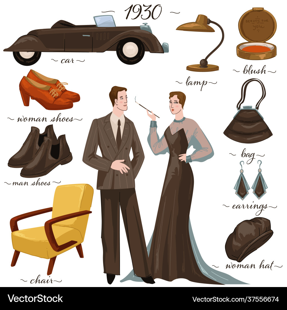 Vintage couple and furniture objects 1930s years Vintage couple and furniture objects 1930s years vector image
