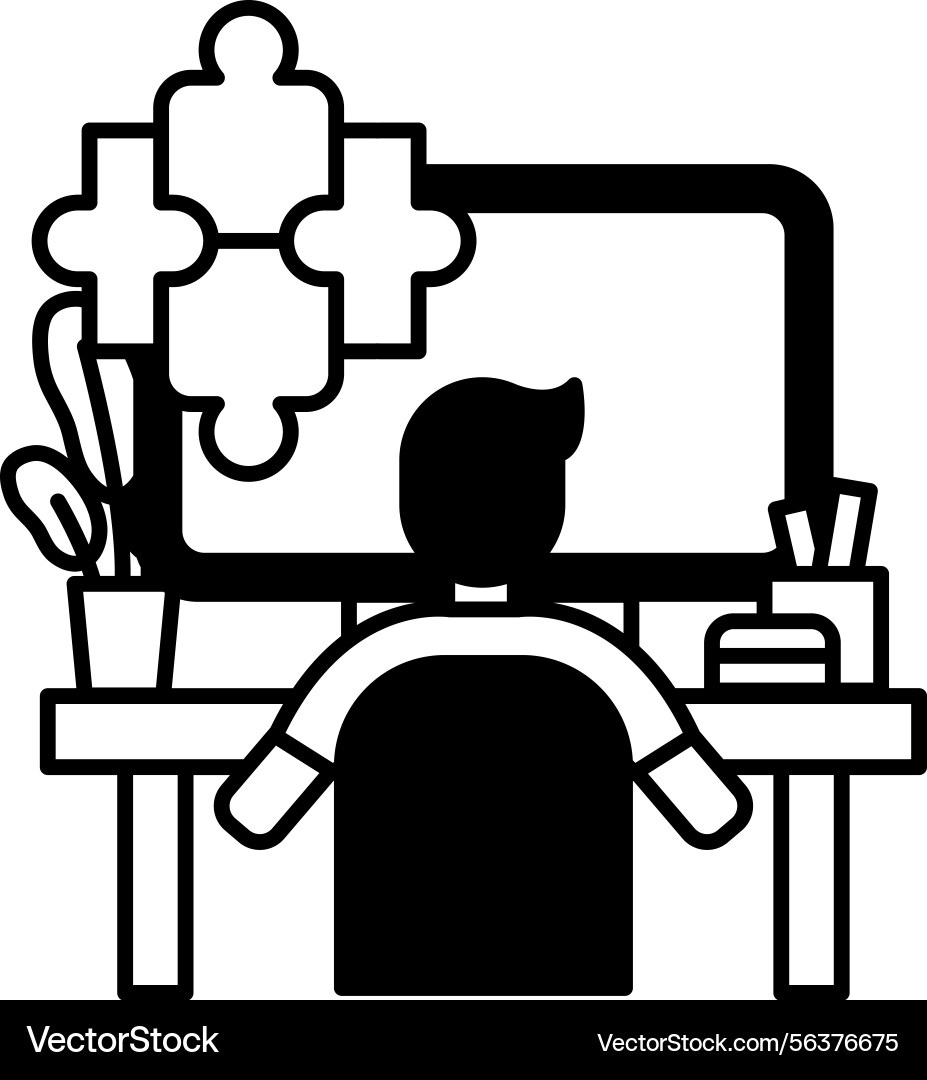 Man is sitting at a desk with computer monitor Man is sitting at a desk with computer monitor vector image