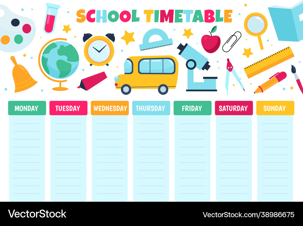 School timetable learnings classes scheduling School timetable learnings classes scheduling vector image