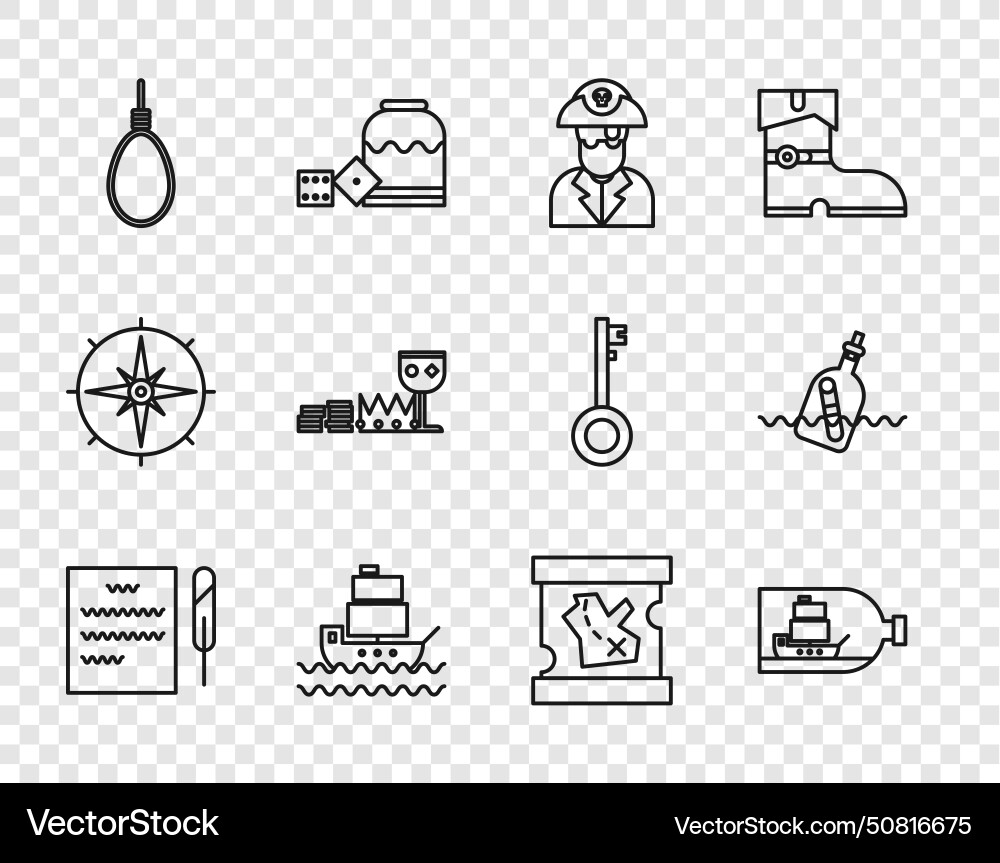 Set line feather pen and scroll bottle with ship Vector Image