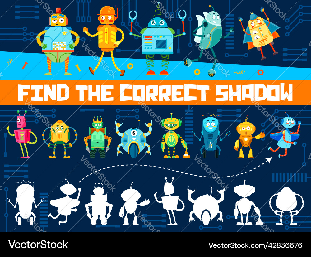Find correct shadow of cartoon funny robots game vector image