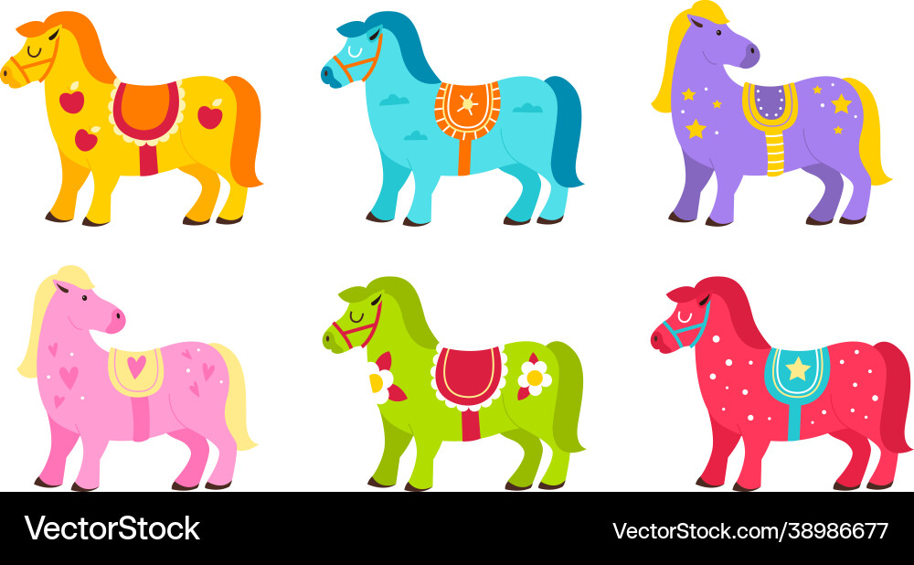 Cute horses cartoon bright color ponies vector image