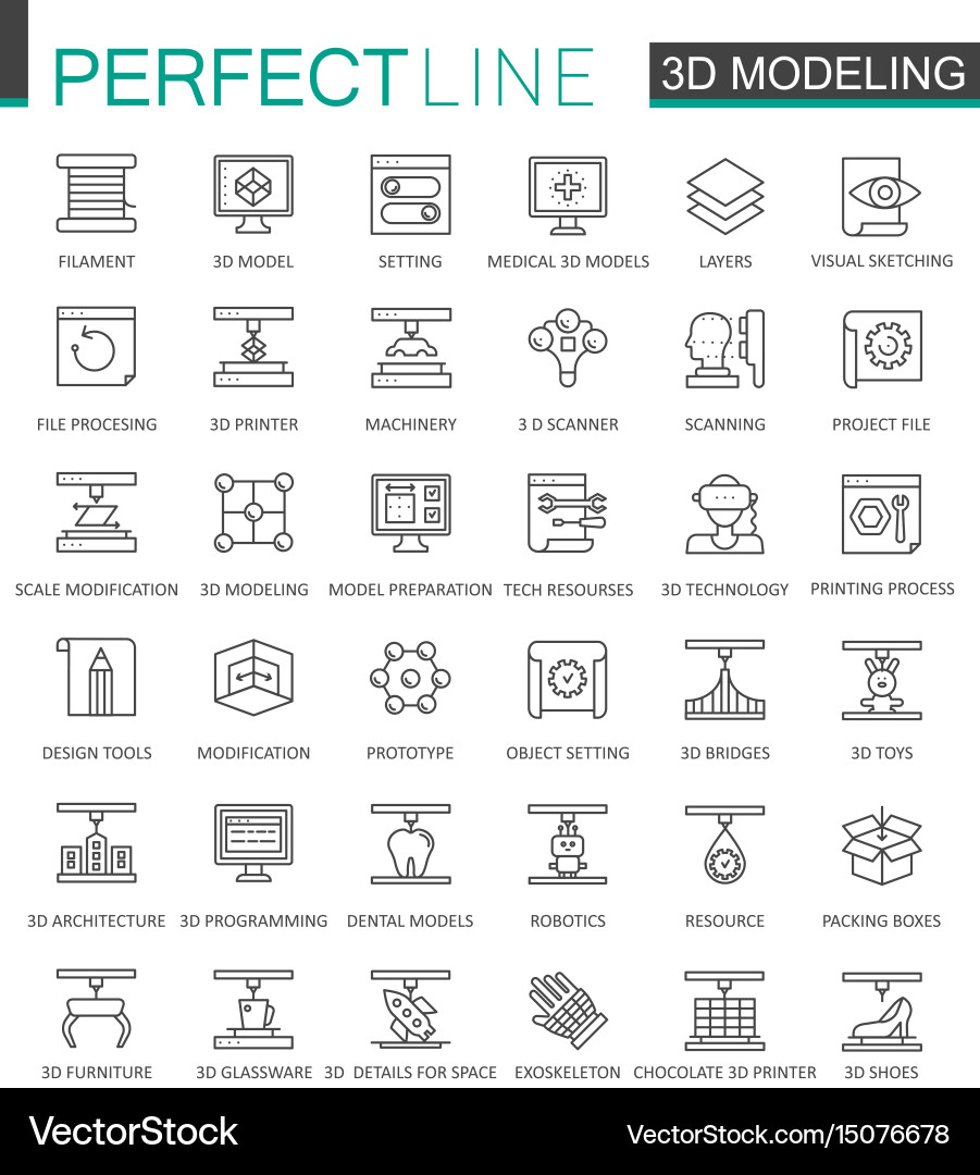 3D Printing & Modeling Icons - Thin Line Set Vector Image