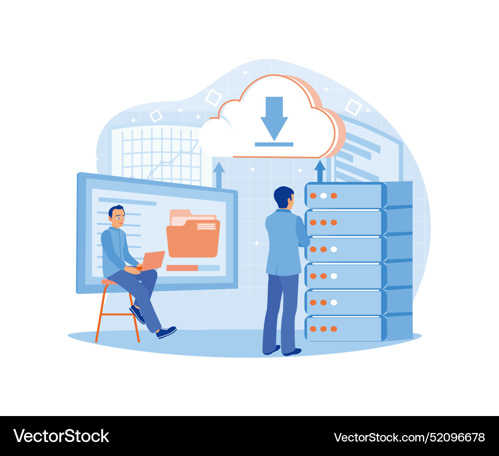 Businessman adding files to the data center vector image