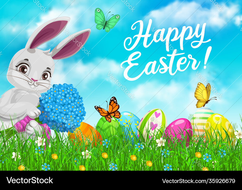 Easter bunny flowers and eggs in green grass Easter bunny flowers and eggs in green grass vector image