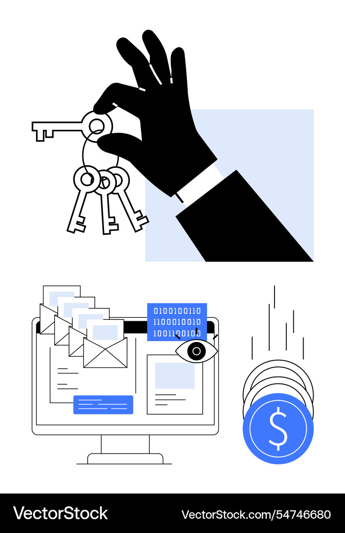 Hand holding keys computer with emails binary Vector Image