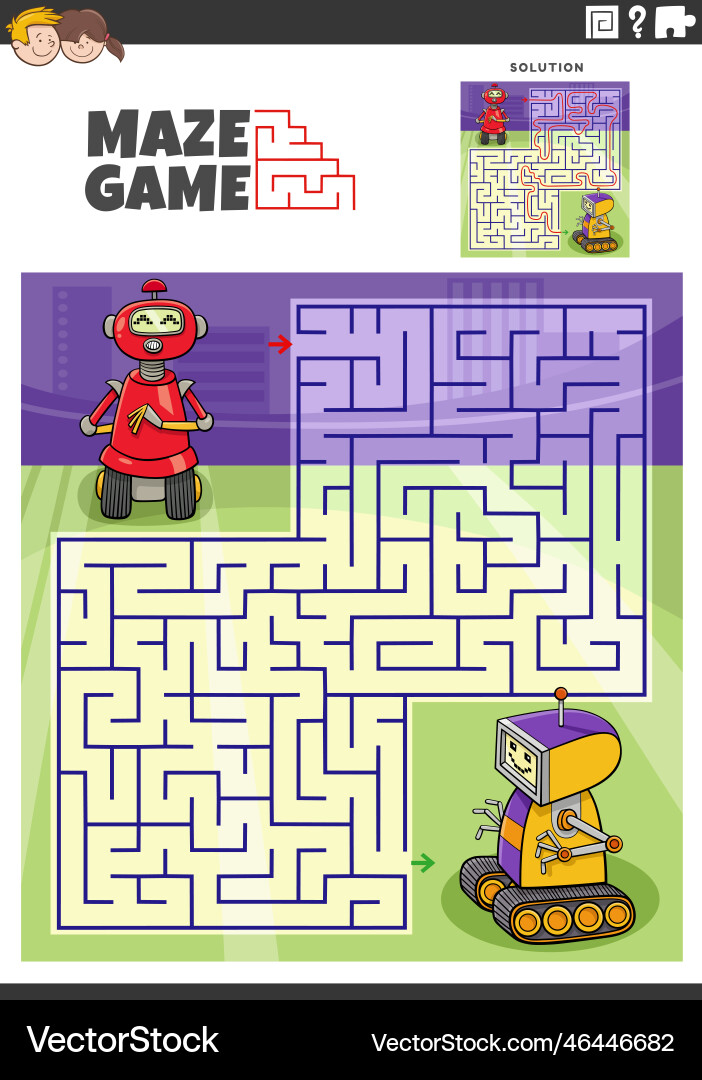 Maze game with cartoon robots or droids characters vector image