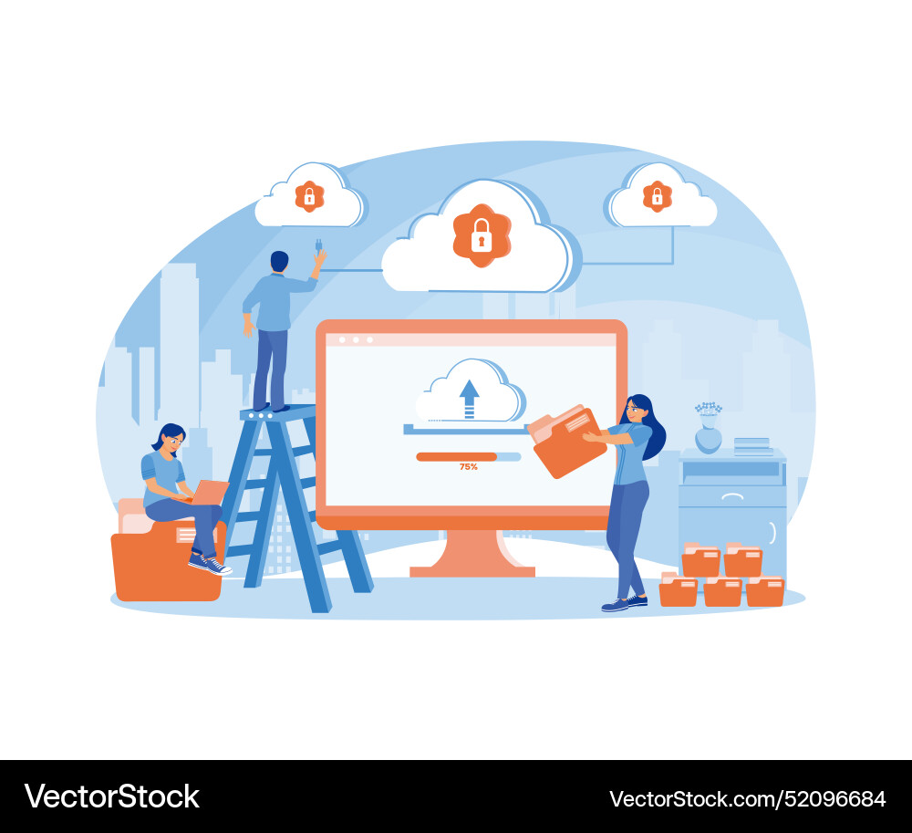 People upload data on computers storing files People upload data on computers storing files vector image