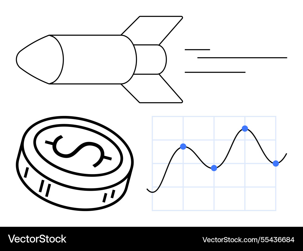 Rocket launch dollar coin and line graph Rocket launch dollar coin and line graph vector image