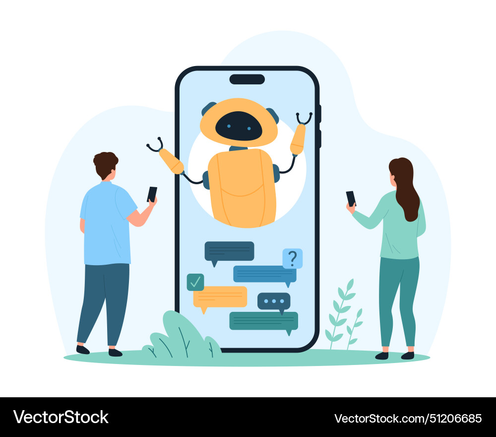 Conversation with chat bot in mobile phone tiny Conversation with chat bot in mobile phone tiny vector image