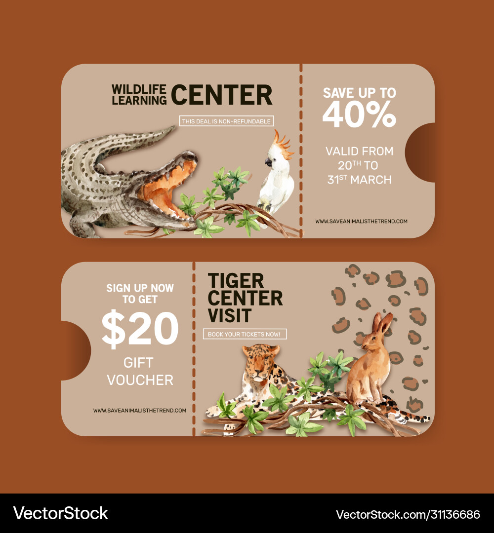 Zoo ticket design with crocodile leopard rabbit Vector Image