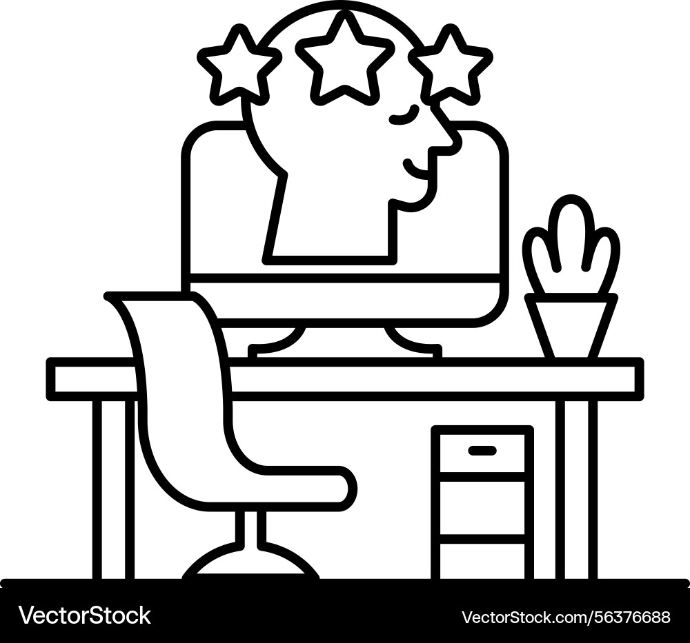 Computer monitor with a head and stars on it sits Computer monitor with a head and stars on it sits vector image