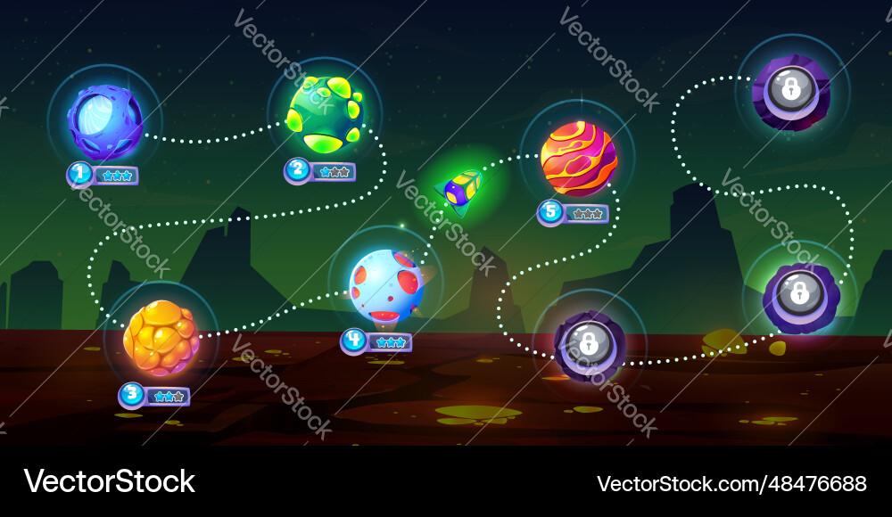 Space game ui level map with alien planets Space game ui level map with alien planets vector image