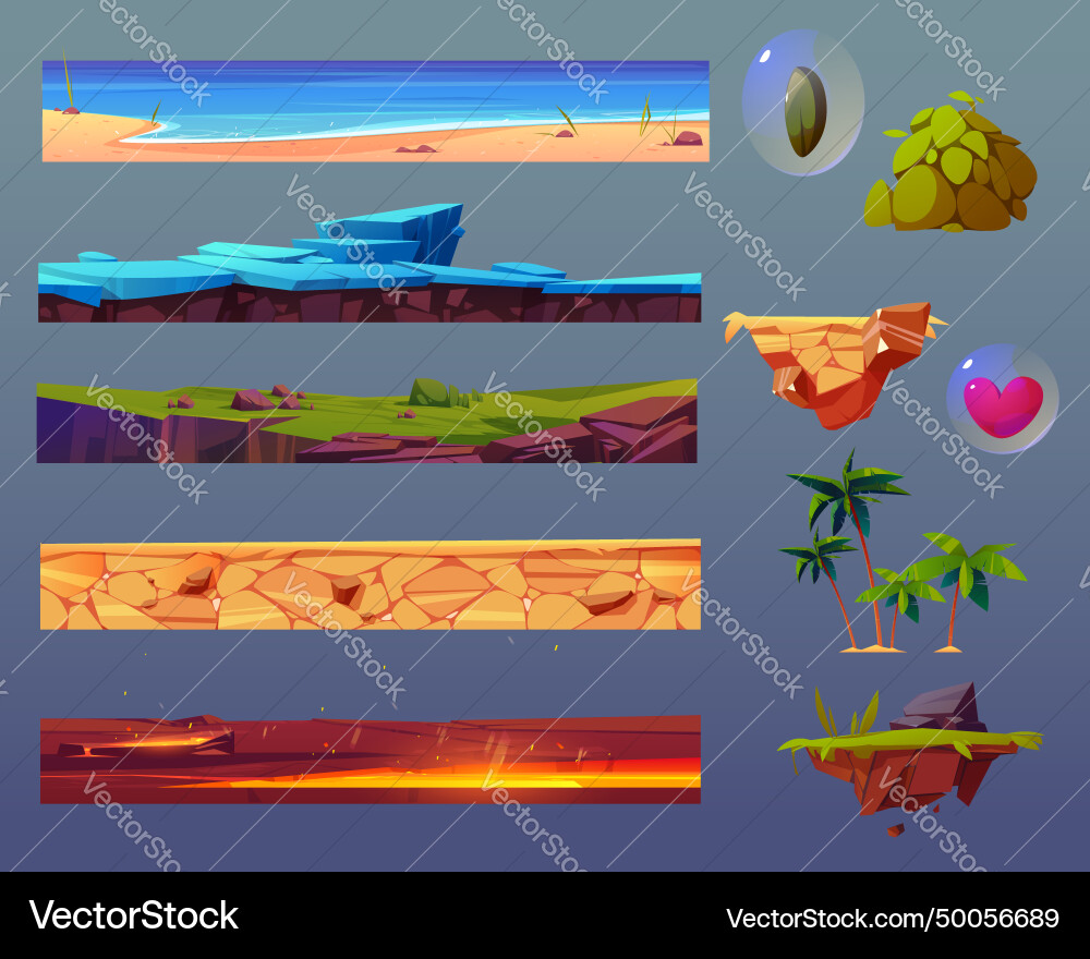 Game ui elements set with floating ground platform Game ui elements set with floating ground platform Vector Image
