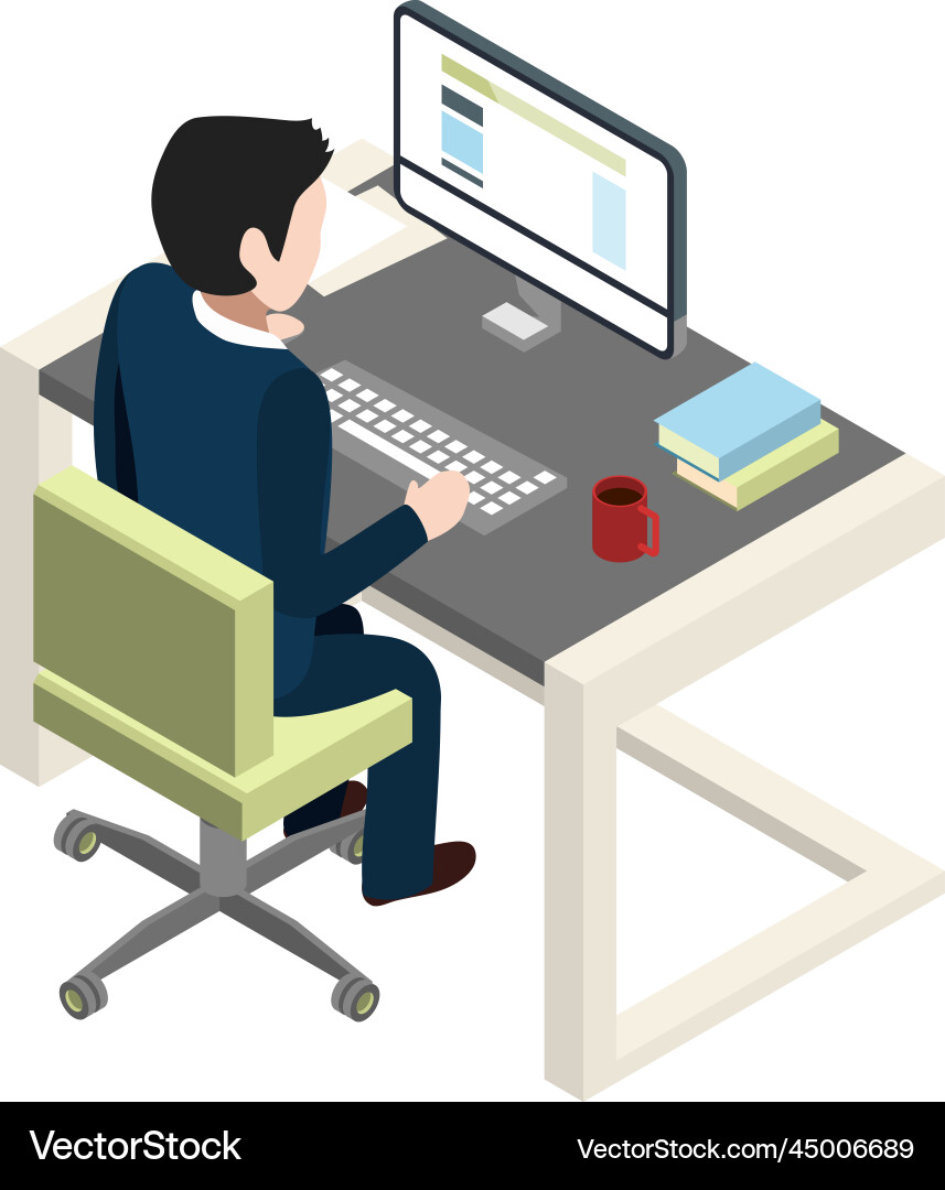 Office manager working at computer desk isometric Vector Image