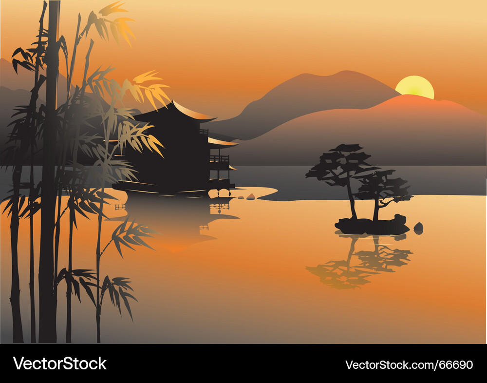 Asiatisch Sunset Lake Vektorbild