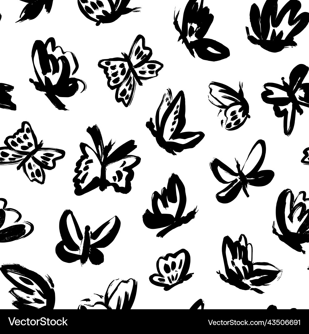 Black butterfly hand drawn seamless pattern vector image