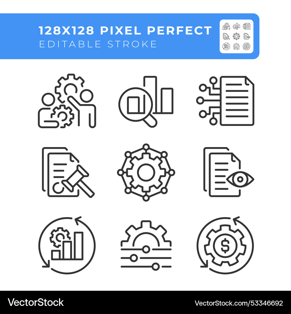 Workflow management pixel perfect linear icons set Workflow management pixel perfect linear icons set Vector Image