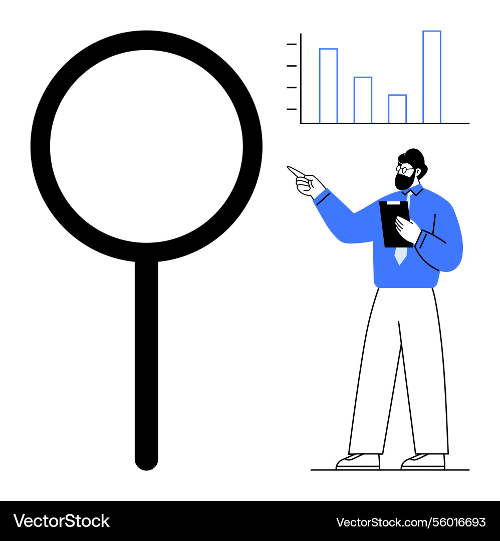Analyst presenting data insights with magnifying Analyst presenting data insights with magnifying vector image