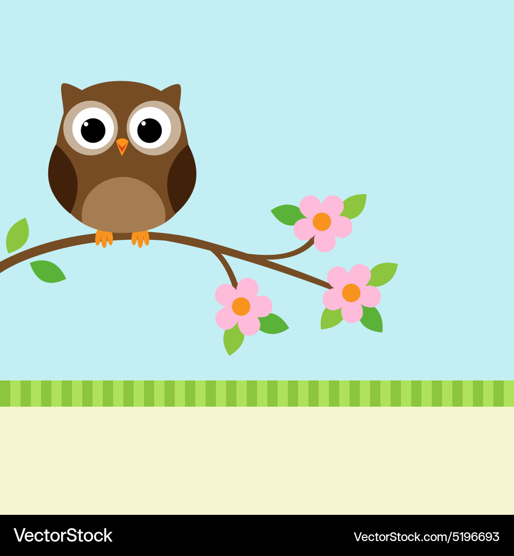 Owl on Branch with Flowers Vector Image