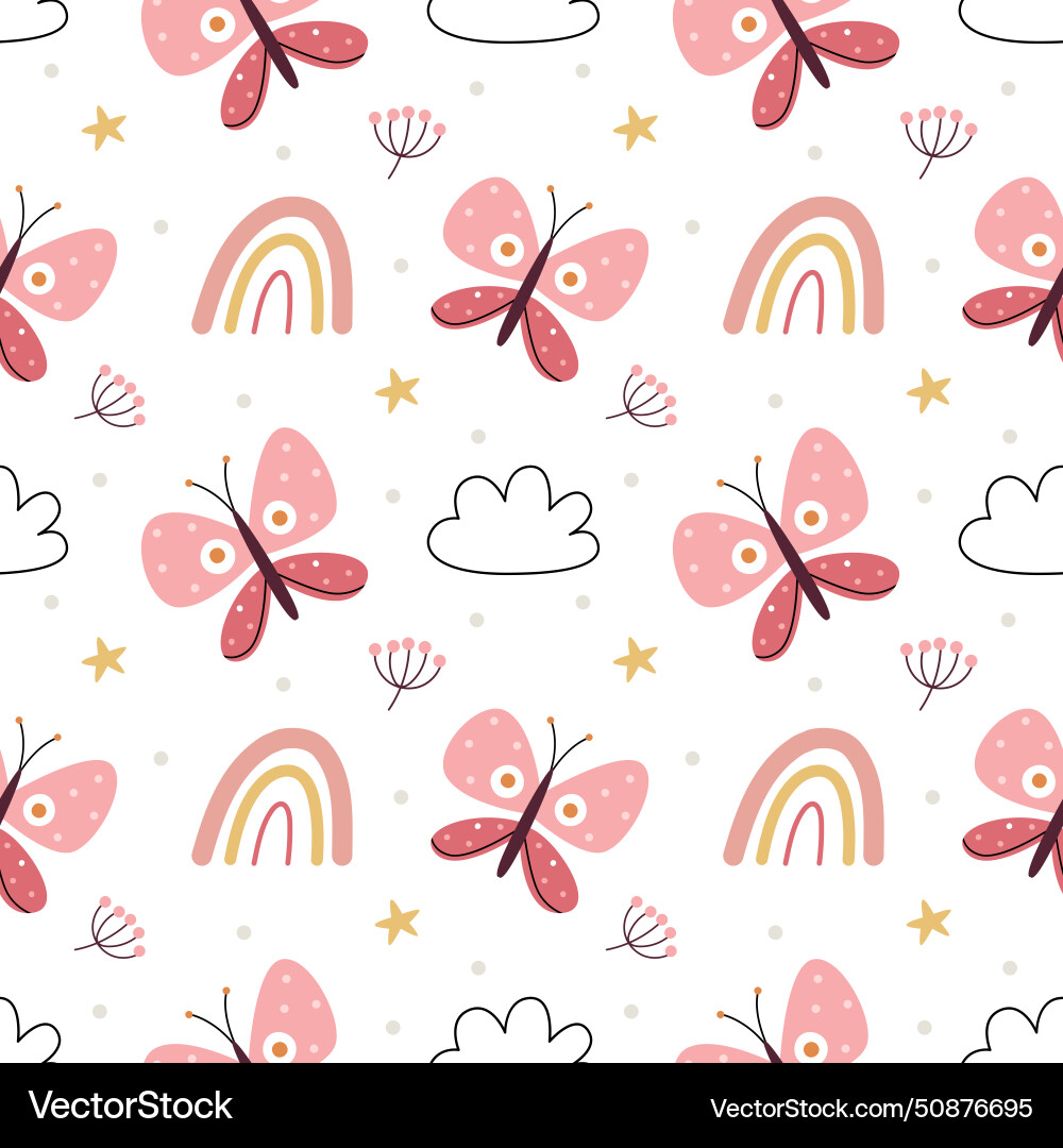 A pattern with butterflies flowers and clouds Vector Image