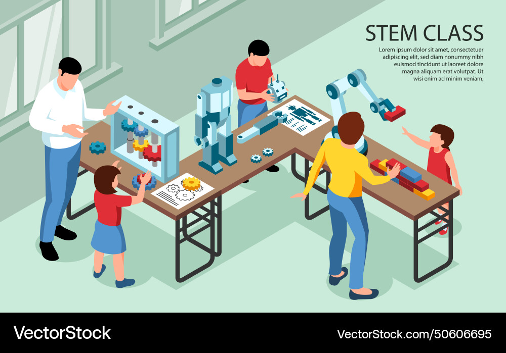 Stem class isometric background Stem class isometric background vector image