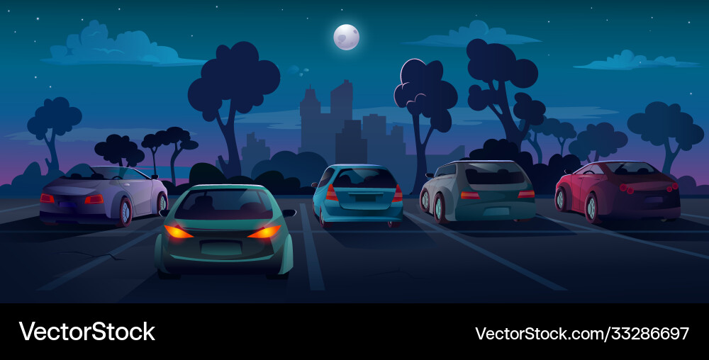 Cars at parking lot night city street background vector image