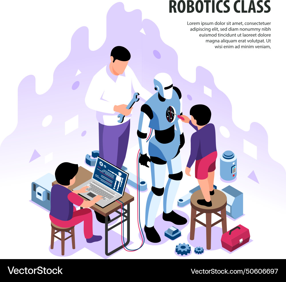 Isometric robotics workshop background Isometric robotics workshop background vector image