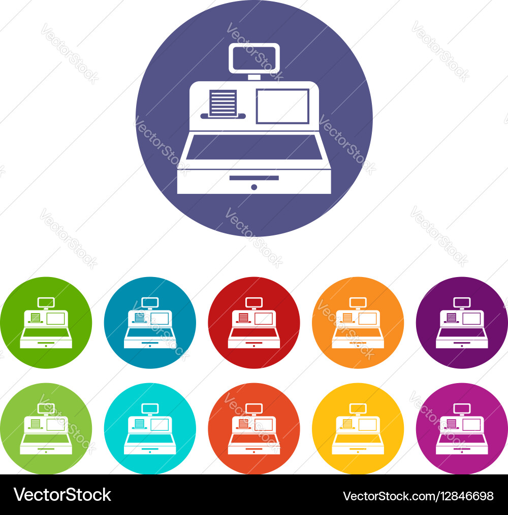 Cash register with drawer set icons Vector Image