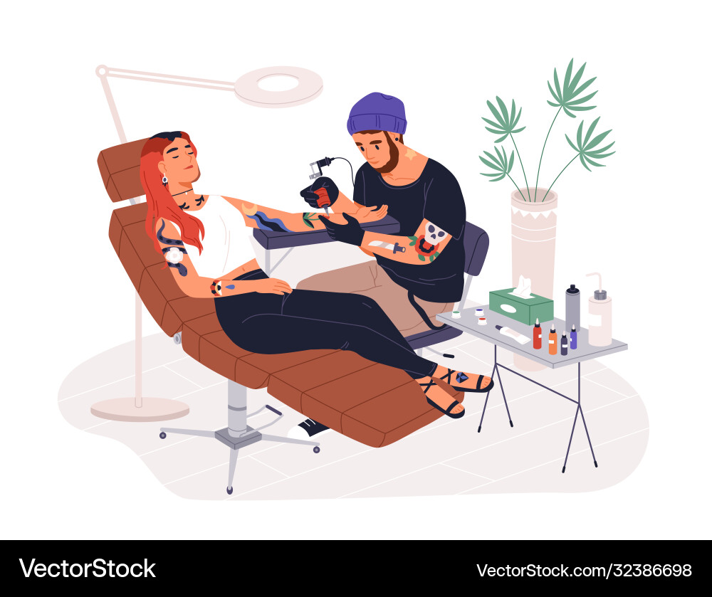 Hipster guy tattoo master at work Hipster guy tattoo master at work vector image