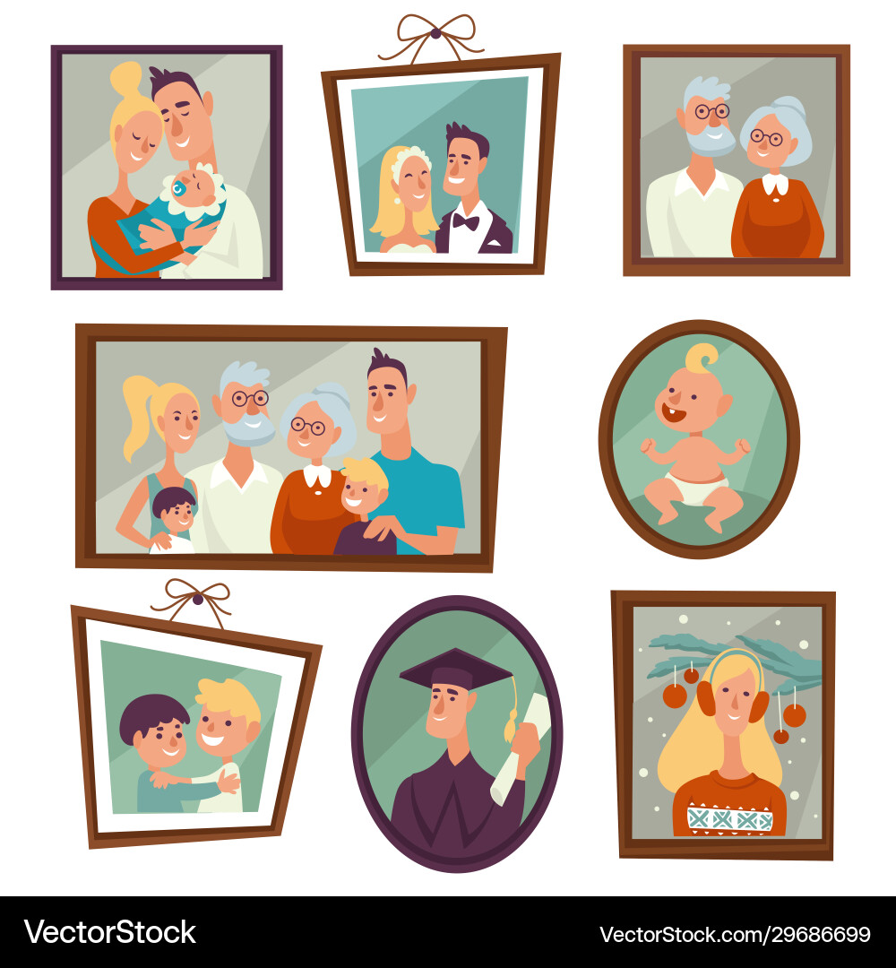 Family portrait and photos in frames on wall Family portrait and photos in frames on wall vector image