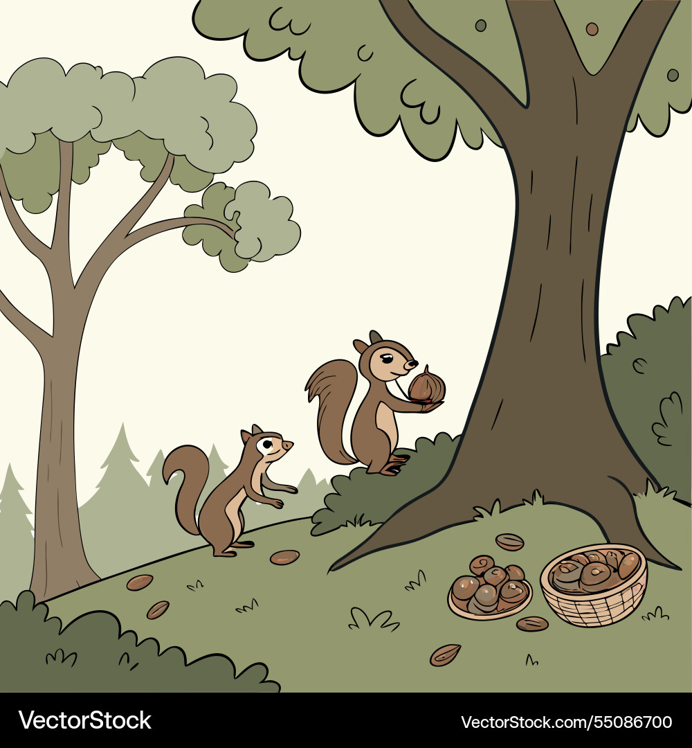 Squirrels collecting nuts under trees background Vector Image