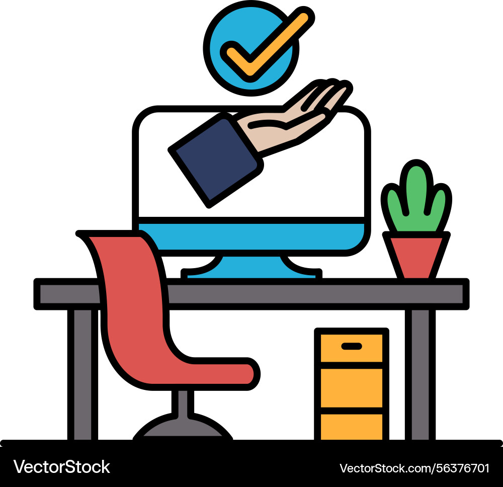 A computer monitor with hand on it and check A computer monitor with hand on it and check vector image