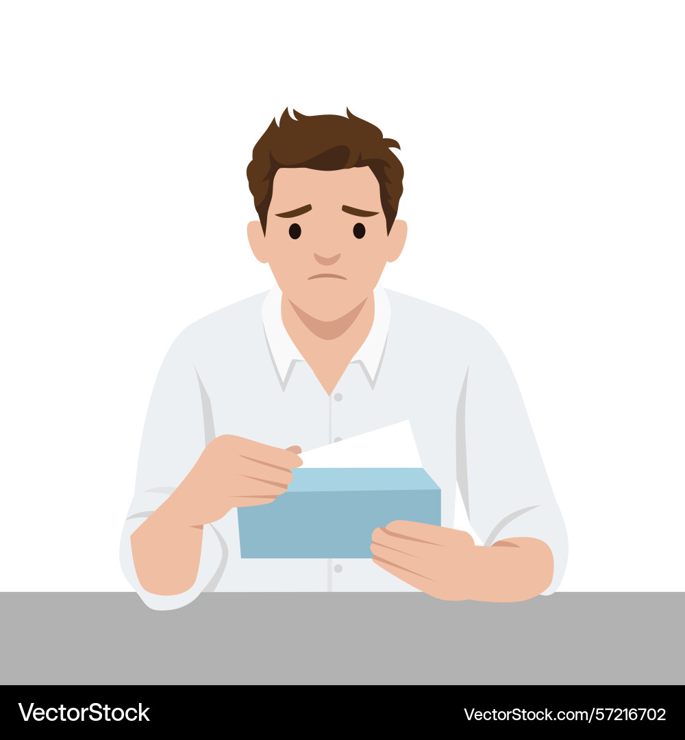 Man with a sad expression opens an envelope Man with a sad expression opens an envelope Vector Image