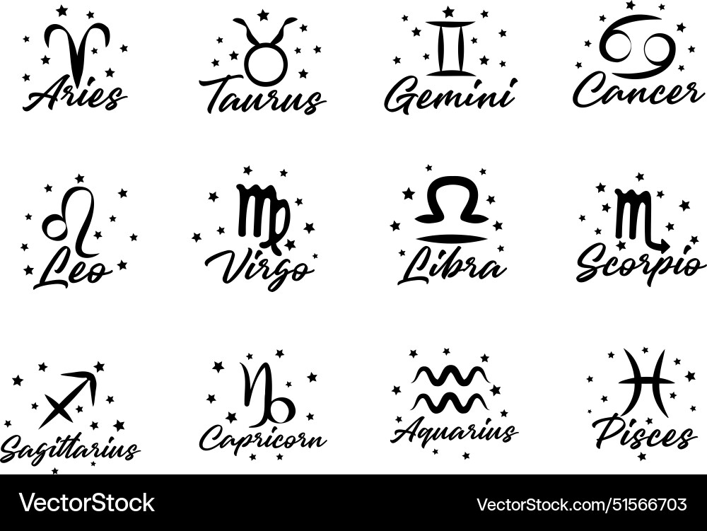 Set of 12 zodiac signs with elegant script names Set of 12 zodiac signs with elegant script names vector image