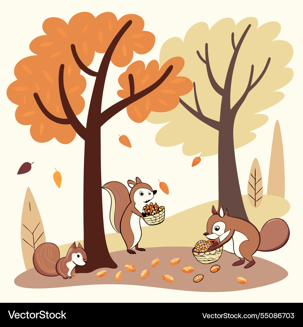 Squirrels collecting nuts under trees background vector image