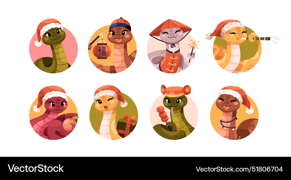 Cute snakes chinese new year mascot avatars set Cute snakes chinese new year mascot avatars set vector image
