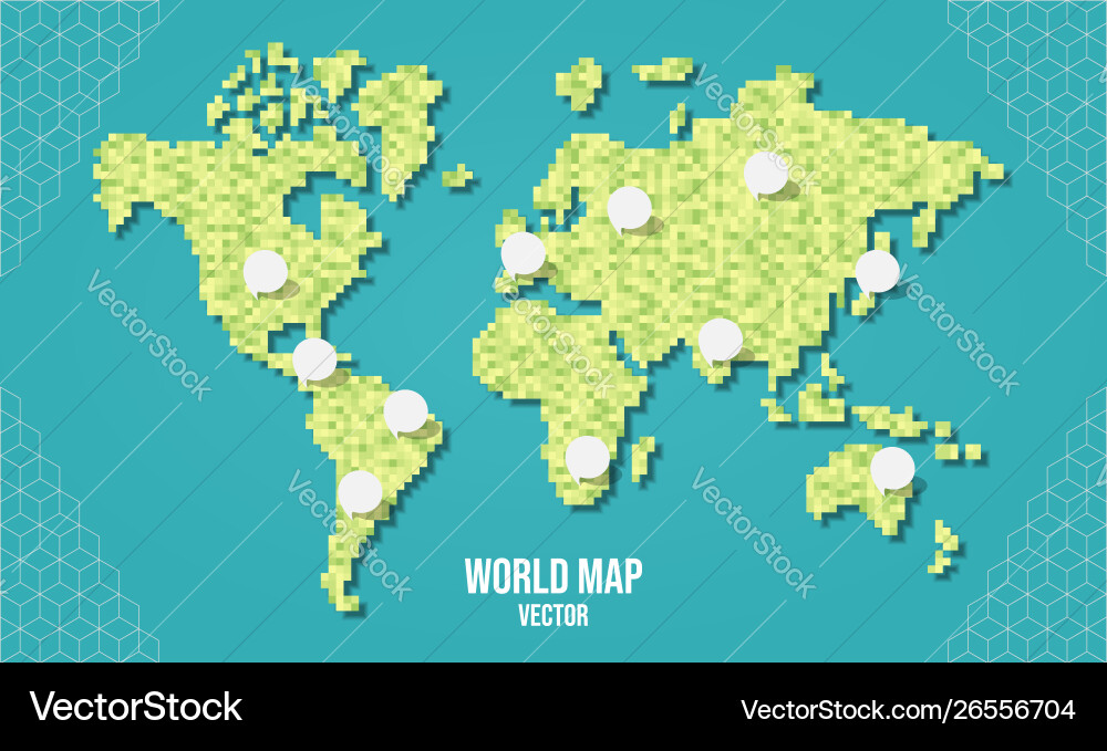 Green Pixel World Map with Bubbles vector image