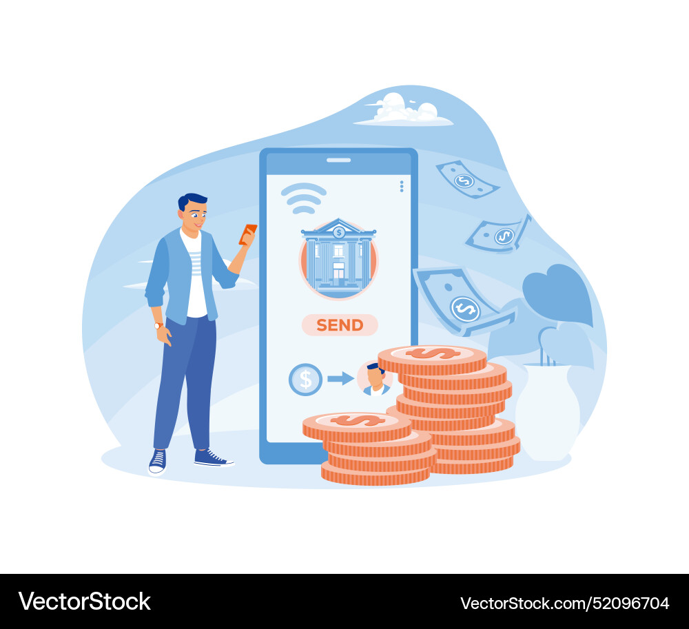 Man sending money online using a smartphone vector image